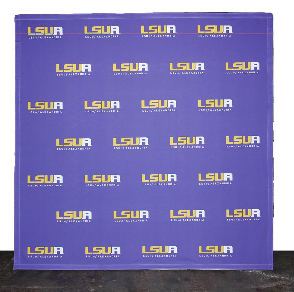 Custom-made step and repeat or backdrop signs for events, customizable with logo or event details. LSUA Louisiana State University of Alexandria .
